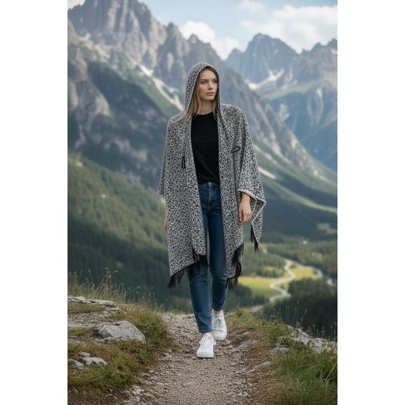 NWT Faded Glory Hooded Button Poncho Gray Knit Fringe One Size - Picture 5 of 5